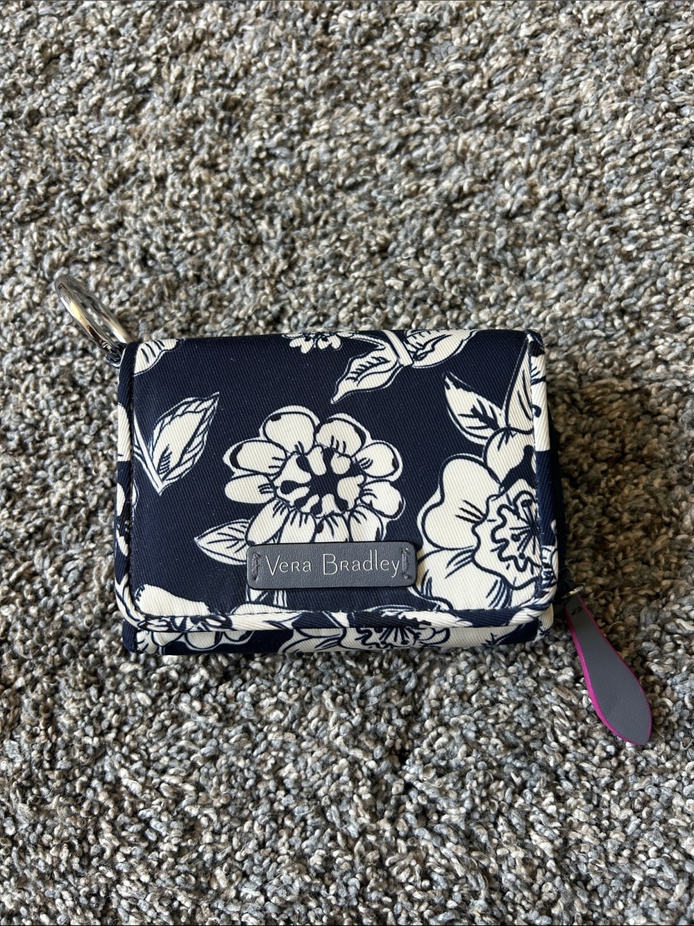 Vera Bradley Navy and White Floral Compact Wallet with Key Clip